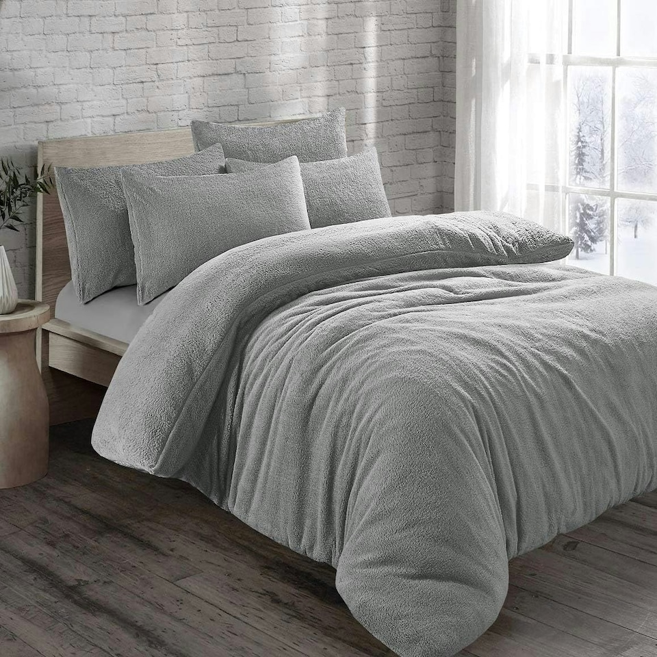 image 1 of Homes-Linen Teddy Bear Fleece Thermal Warm Cosy Soft Fur Duvet Cover Set With Pillow Cases Silver | Super King