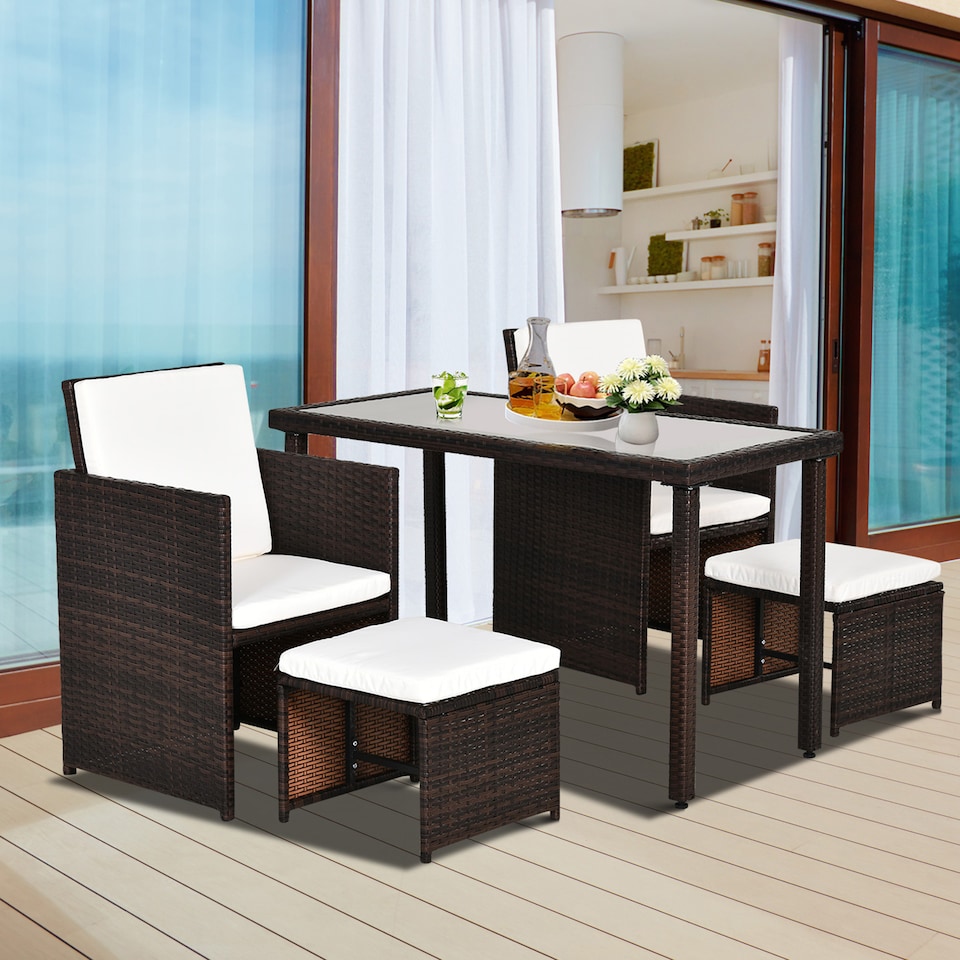 image 1 of Outsunny 2 Seater Rattan Cube Garden Furniture Set, Rattan Dining Set with Cushions, Outdoor Dining Table and Chairs with 2 Armchairs, 2 Stools, Rectangular Glass Top Table for Patio, Balcony, Brown
