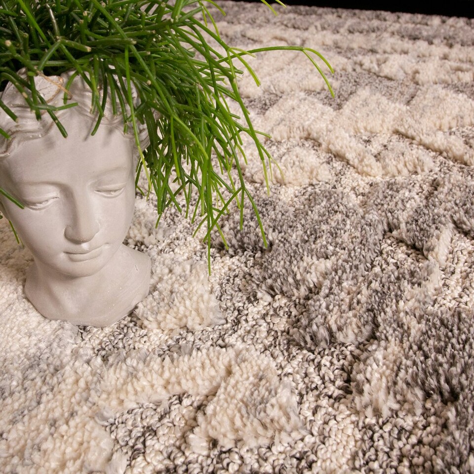 image 1 of KUKOON Grey Cream Geometric Loop Pile Living Room Area Rug 120cm x 170cm | Grey