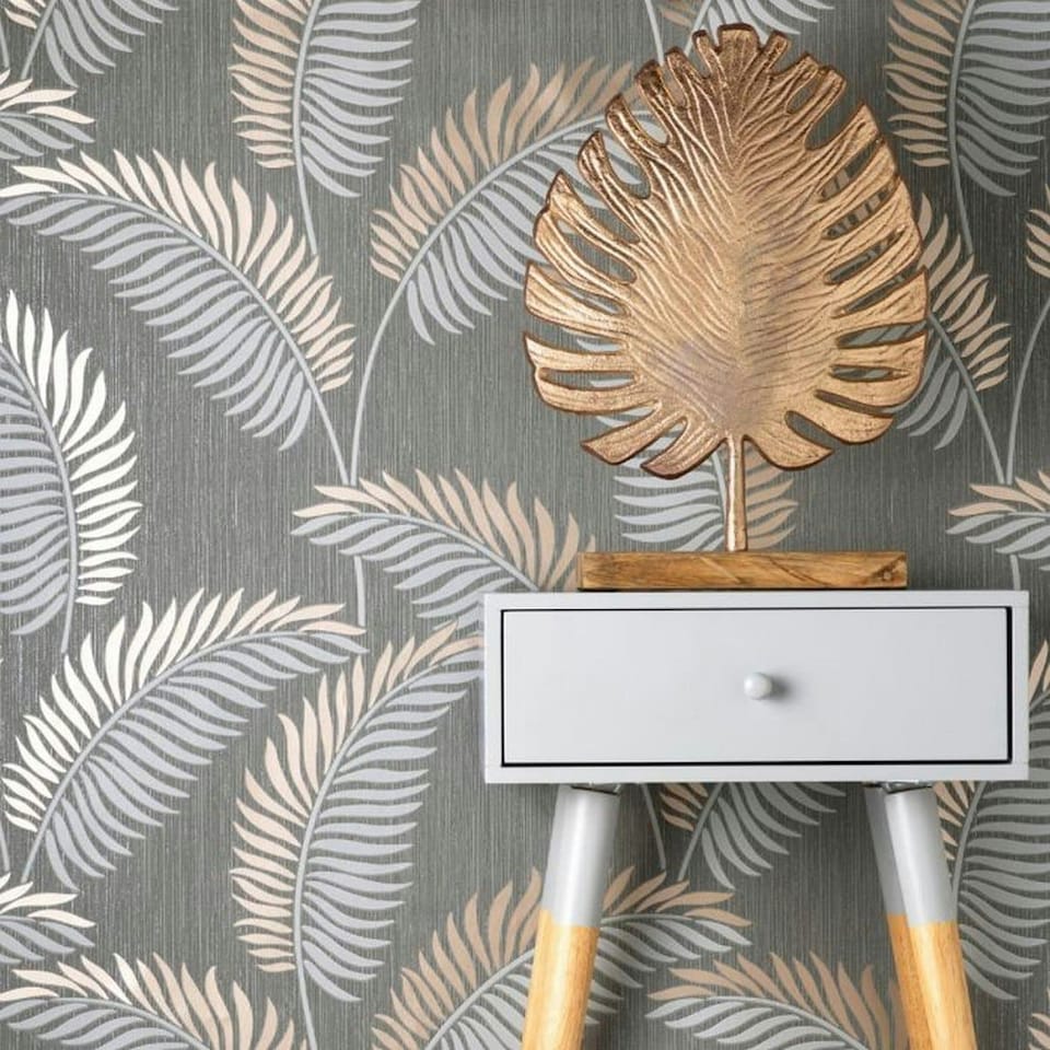 image 1 of Fine Decor Cascade Leaf Wallpaper - Grey/Rose Gold - 10m x 53cm | Grey