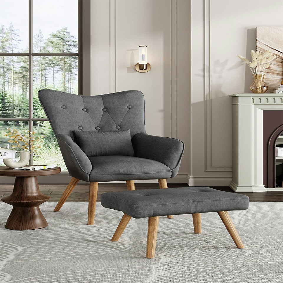 image 1 of Living and Home Classic Linen Oak Wood Legs Leisure Armchair with Cushion and Footstool - Dark Grey 60*50*100cm Grey