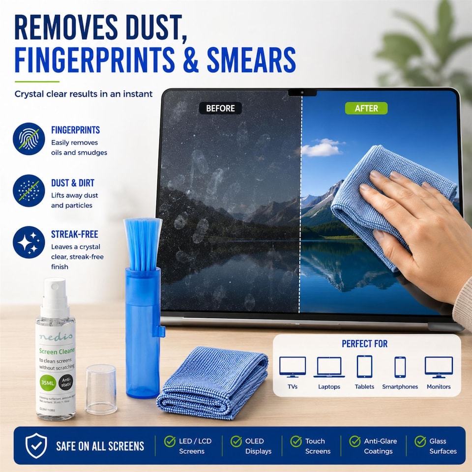 image 1 of Screen Cleaning Kit 35ml Anti-Static Alcohol-Free Cleaner, Cloth & Brush, Streak-Free TV Laptop Phone Cleaner Travel Size