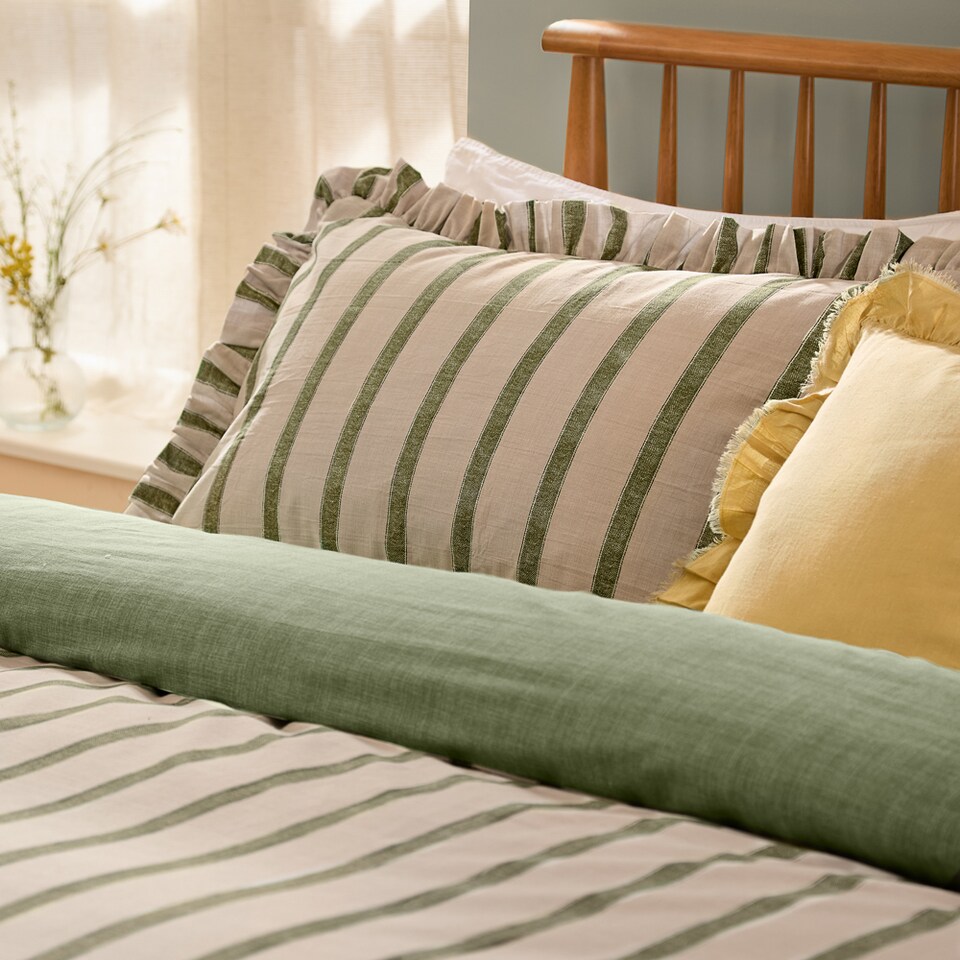 image 1 of Wylder Connie Striped Ruffle Duvet Cover Set | Green | Moss | Single | 1