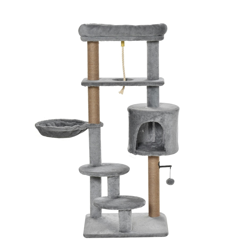 image 1 of PawHut 120cm Cat Tree Tower with Scratch Post Perch Hammock Condo Light Grey