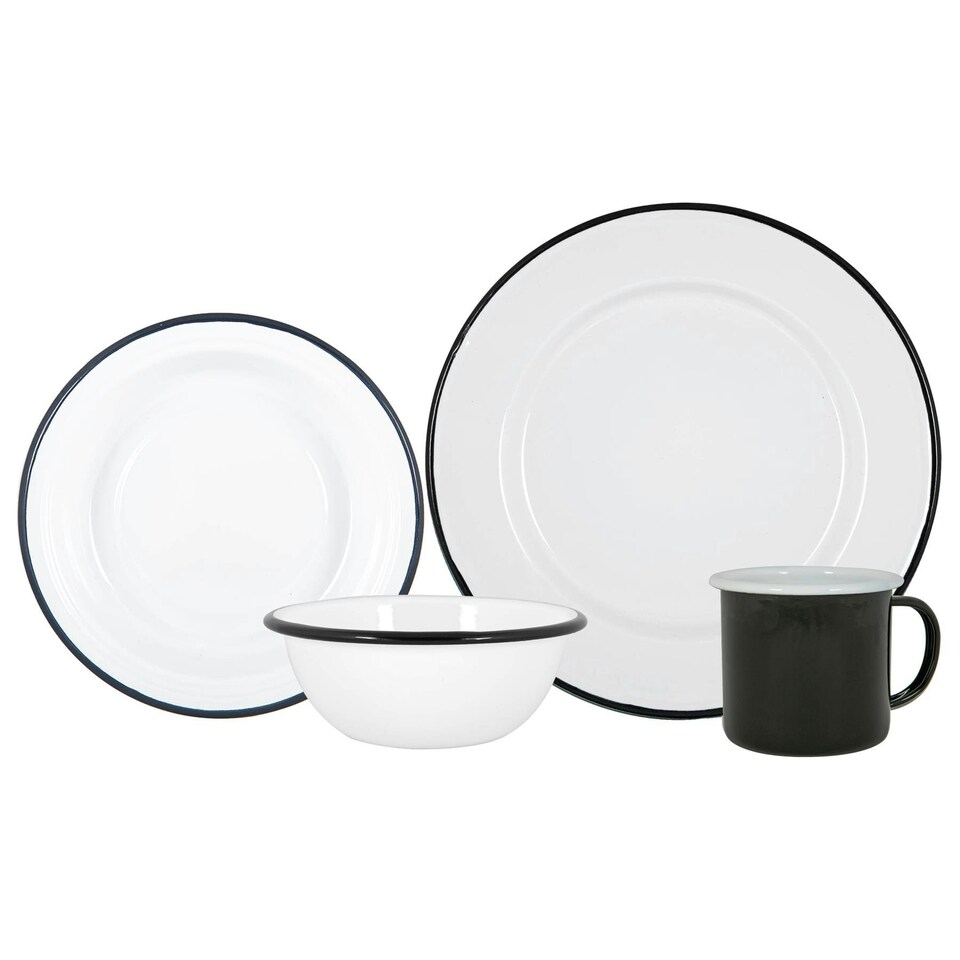 image 1 of Argon Tableware 16 Piece White Enamel Dinner Set - cm - Black