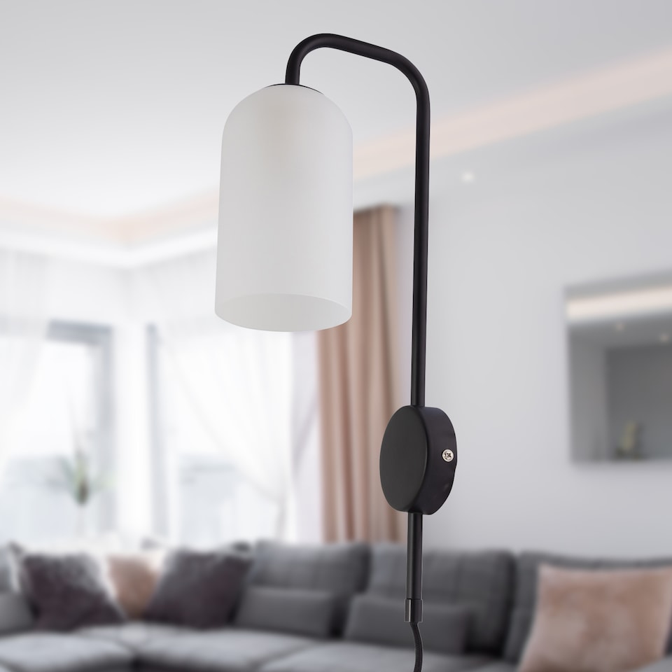 image 1 of Set of 2 Victoria - Black Plug in Wall Lights Frosted Glass Shades | Black | White | 2