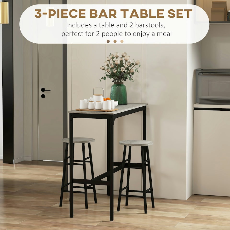 image 1 of HOMCOM 3 Piece Bar Set, Industrial Kitchen and Chair Set Grey