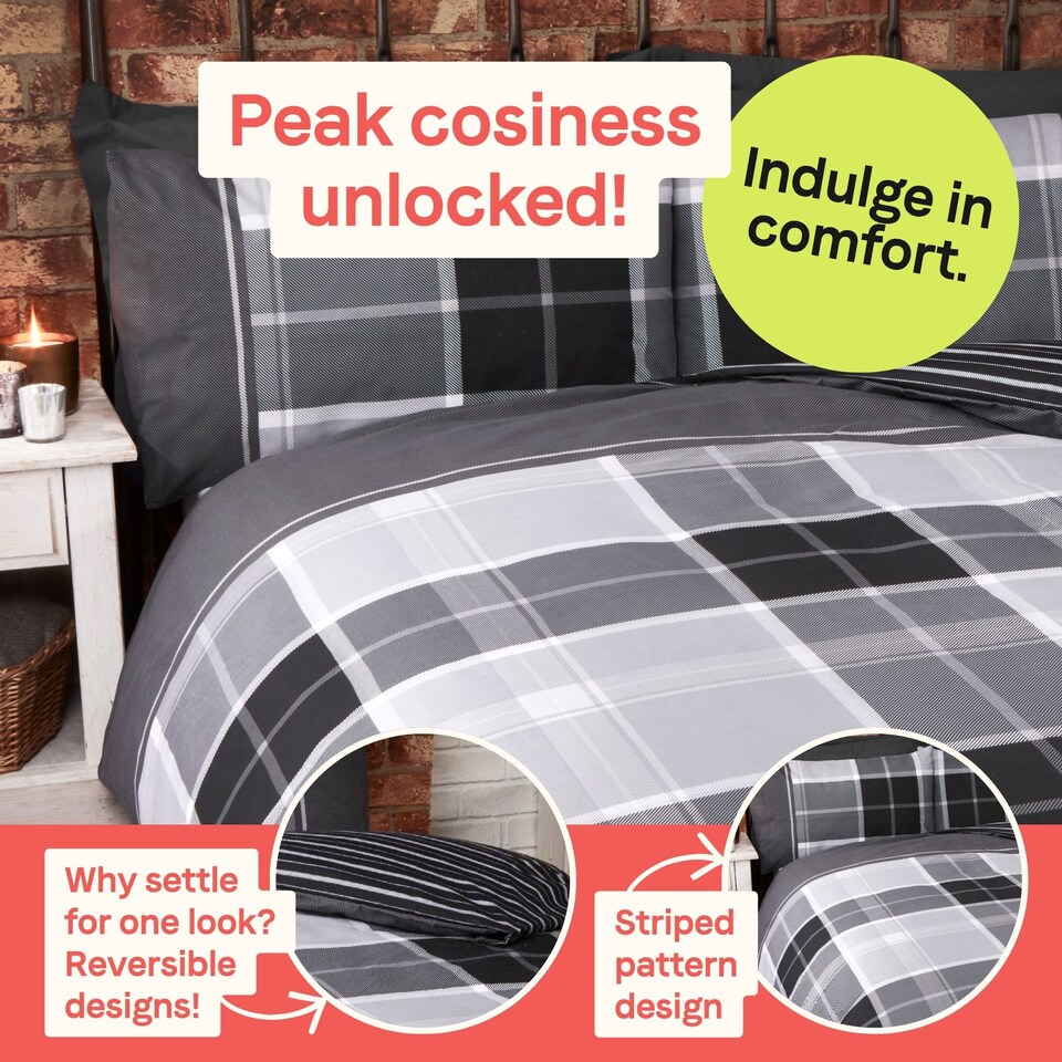 image 1 of Argyle Design Tartan Polycotton Duvet Set With Pillowcase | Grey | 1