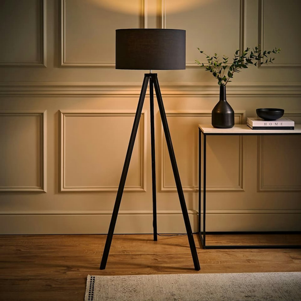 image 1 of ValueLights Barbro Black Tripod Floor Lamp Charcoal Shade Grey