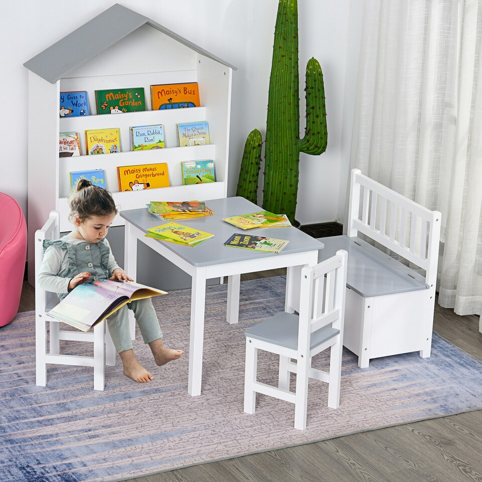 image 1 of HOMCOM 4-Piece Set Kids Wood Table Chair Bench w/ Storage Function for 3 Years+ Grey