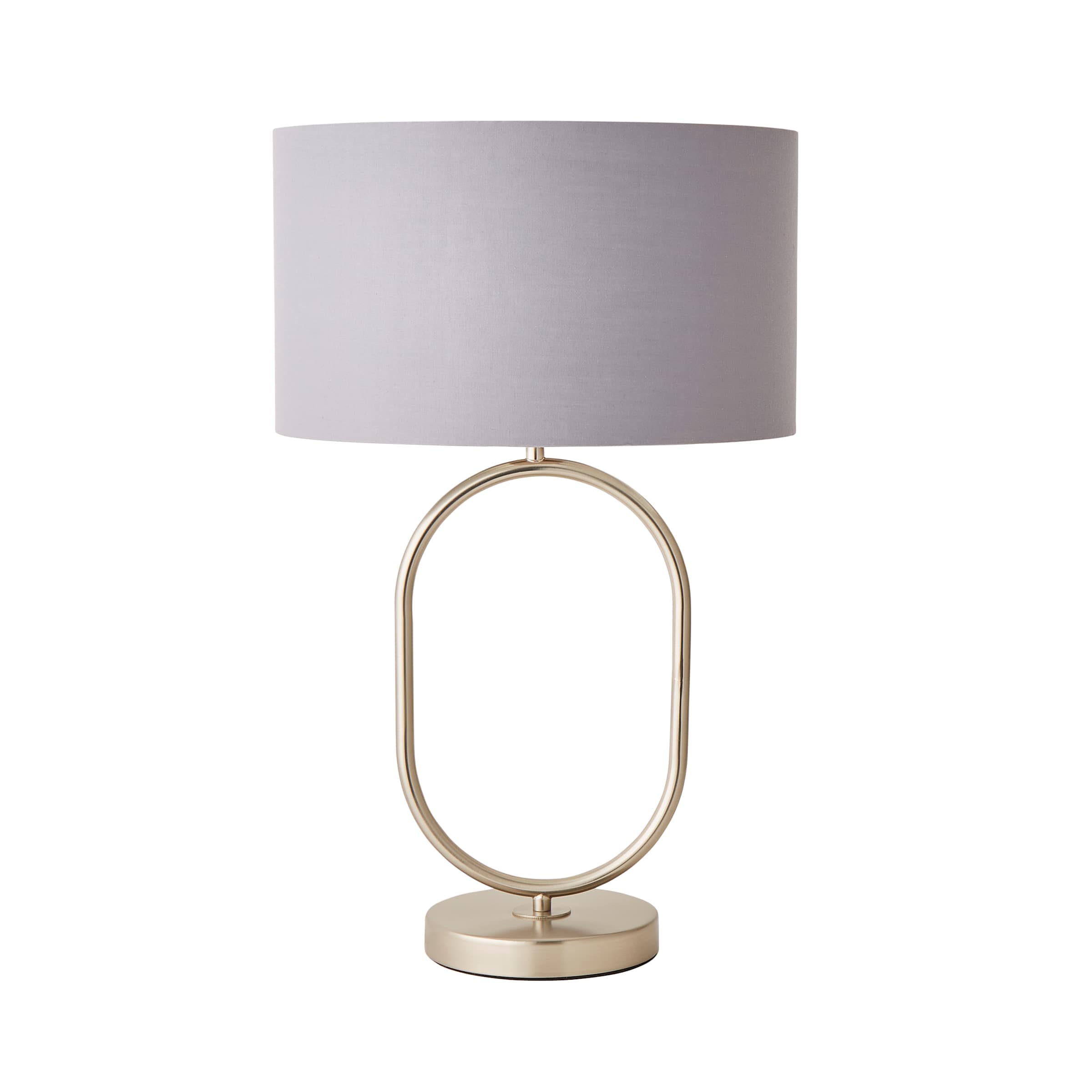 ValueLights Antonia Fabric with Chrome Drum Shade Brushed Chrome Oval Table Lamp in Grey