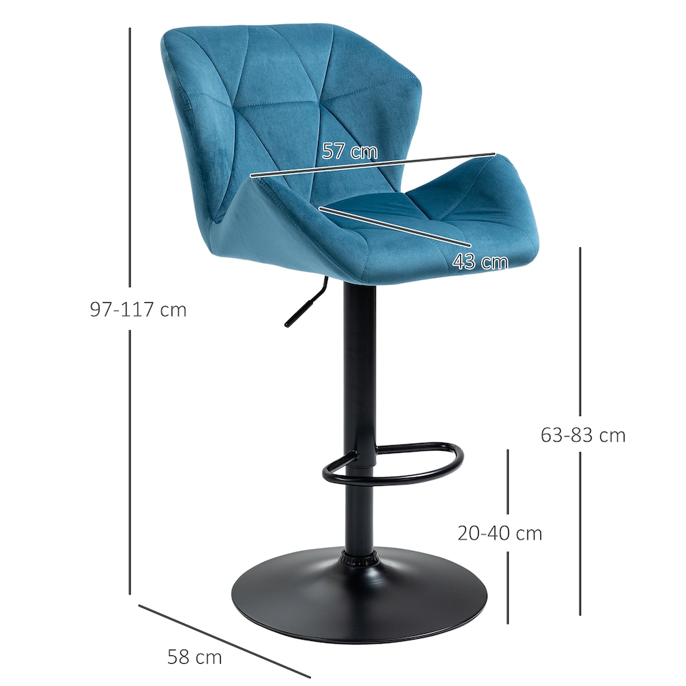 image 1 of HOMCOM Bar Stools Set Of 2, Luxurious Velvet-Touch Barstools with Metal Frame Footrest Round Base Triangle Indenting Moulded Seat Adjustable Height Swivel Blue