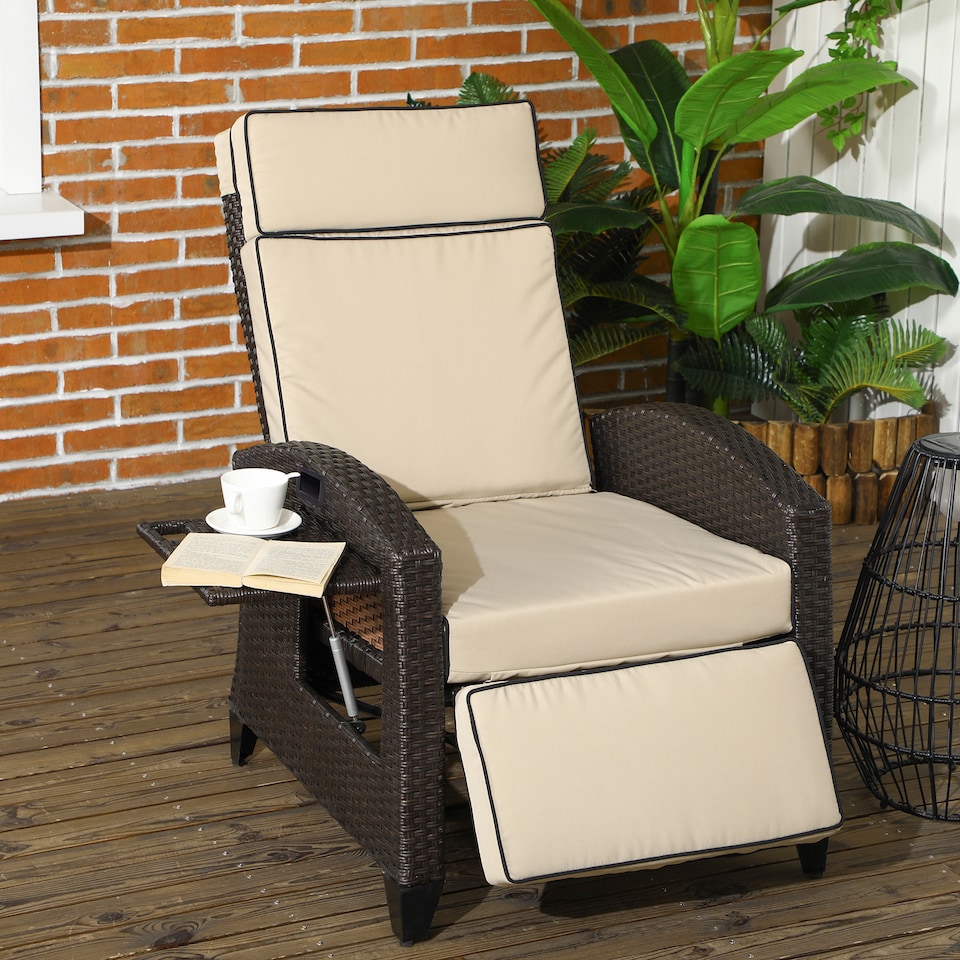 image 1 of Outsunny Garden Recliner w/ Cushion, Reclining Rattan Chair, Khaki/Brown