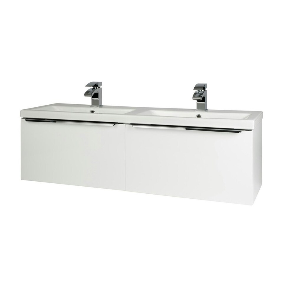 image 1 of 1200mm Bathroom Wall Mounted Drawer Unit and Twin Ceramic Basin Gloss White (Central) - Brassware Not Included | White | White | 1