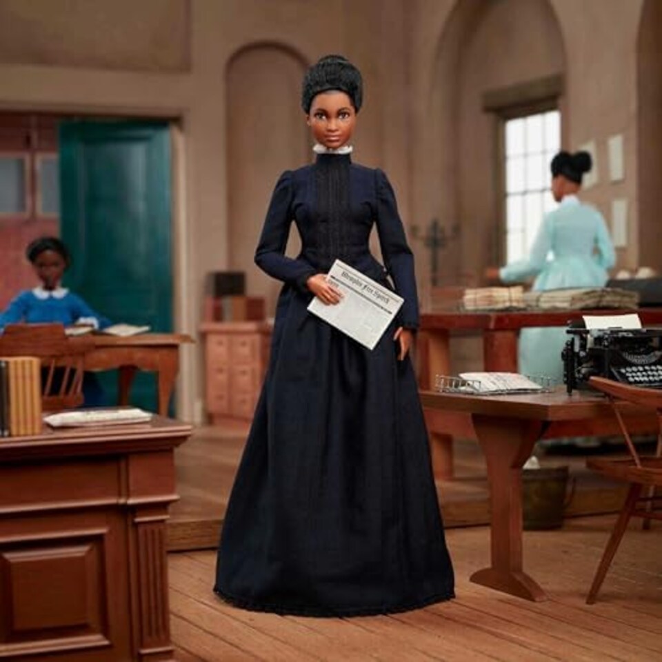 image 1 of Barbie Inspiring Women Doll, Ida B. Wells Collectible with Blue Dress Newspaper