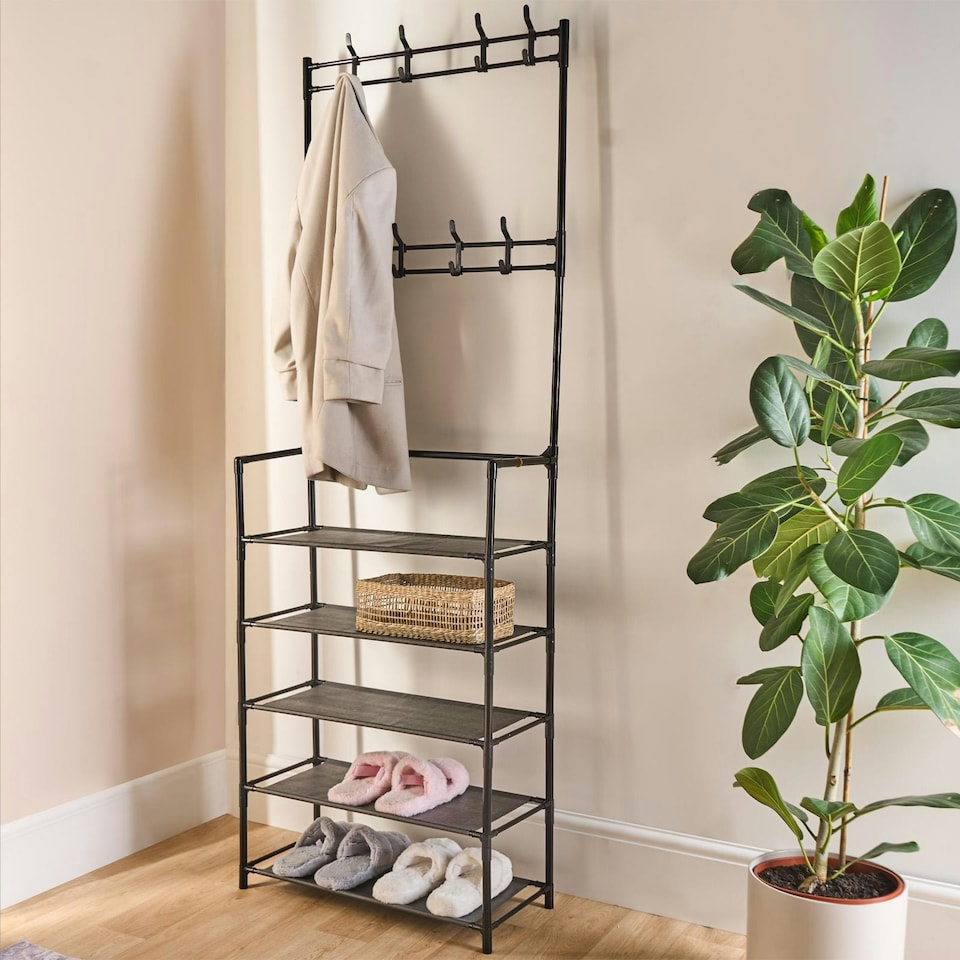 image 1 of OHS 16 Hook 5 Tier Shelving Organiser Wire Rack Storage Unit - Black
