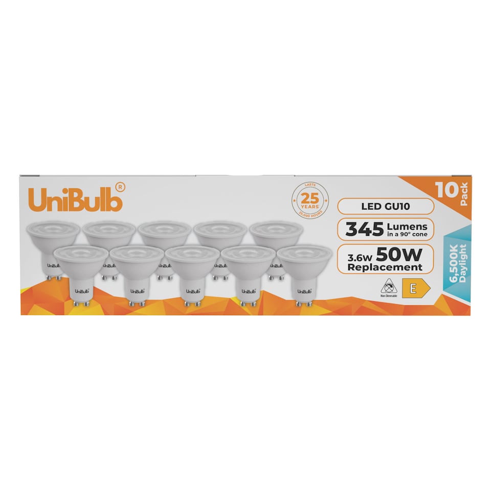image 1 of UniBulb LED GU10 345lm 3.6W 6500K (Daylight) Spotlight Downlight Light Bulb - Pack of 10 | White | Daylight | 10