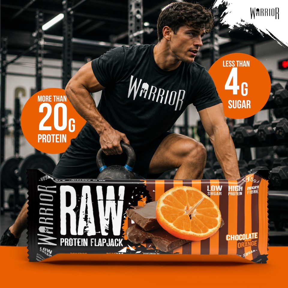 image 1 of Warrior RAW Protein Bars 12 x 75g – 20g High Protein Bar, Low Sugar High Fibre Oat Protein Flapjack – Protein Snacks, Meal Replacement Bars (Chocolate Orange)