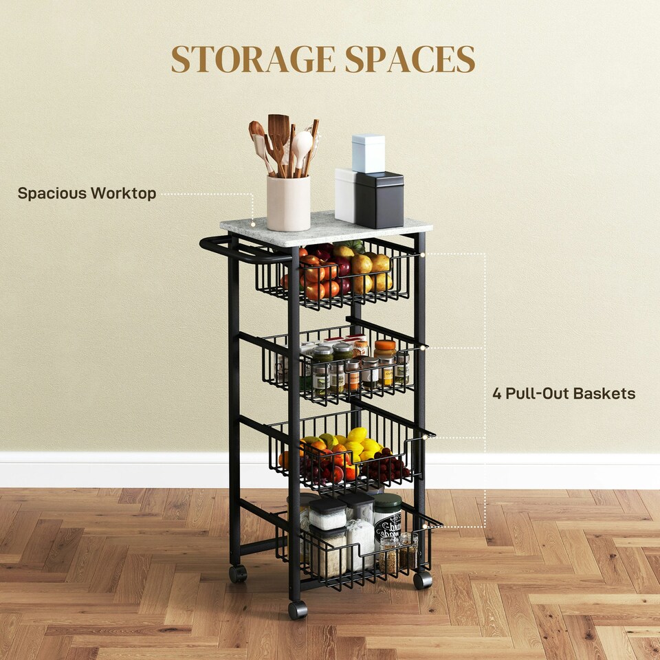 image 1 of HOMCOM 4-Tier Kitchen Island on Wheels with 4 Pull-Out Baskets, Light Grey