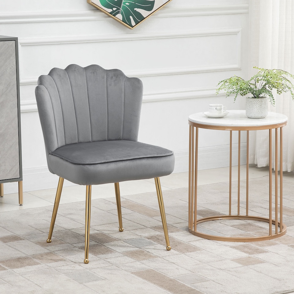 image 1 of HOMCOM Shell Luxe Velvet Accent Chair with Gold-tone Metal Legs, Modern Vanity Chair for Living Room, Bedroom, Home Office, Grey