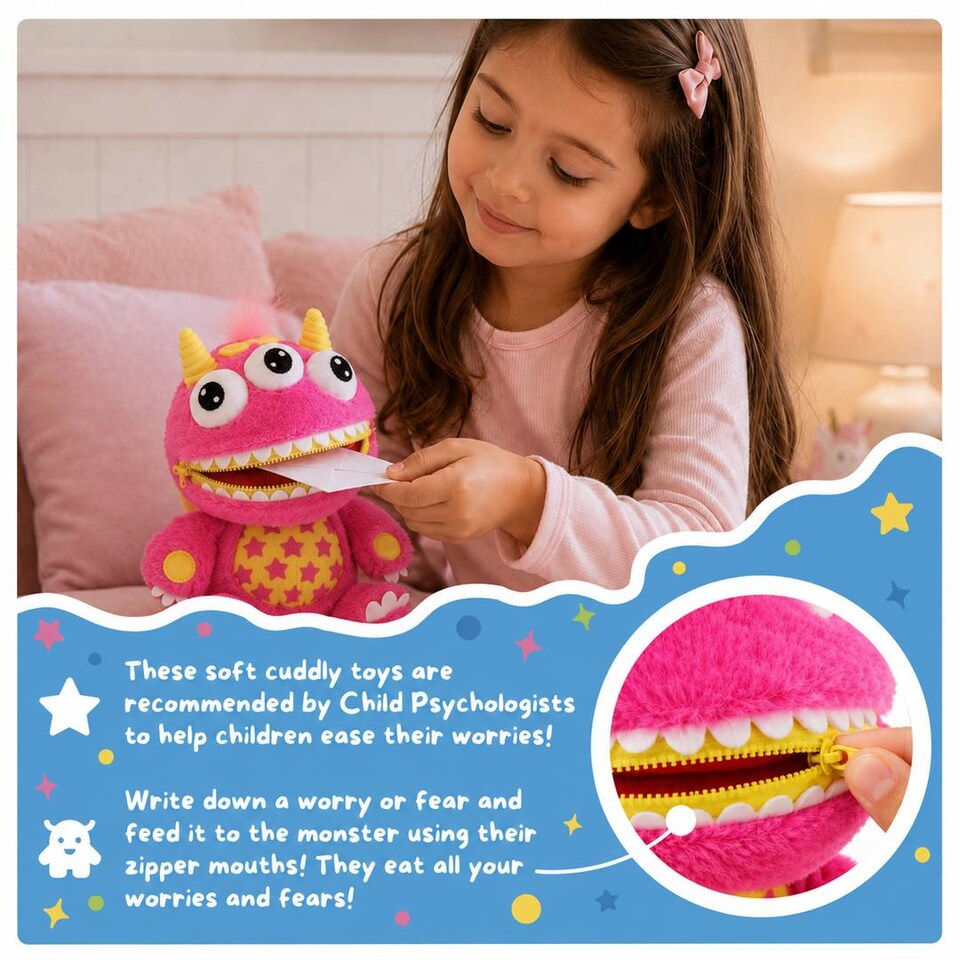 image 1 of Kids Worry Monster Soft Toy Zip Mouth Pocket Plush Comfort Companion Gift Idea Present Cuddly