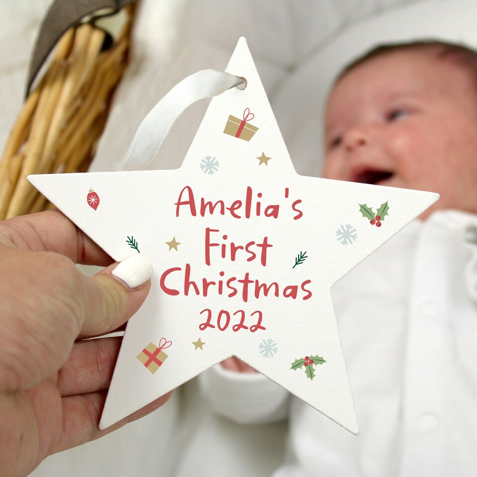 image 1 of Personalised First Christmas Wooden Star Decoration