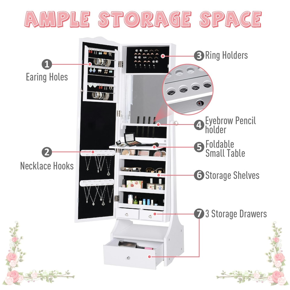 image 1 of HOMCOM Mirrored Jewelry Cabinet Armoire Floor Standing w/ Lock, LED Light White