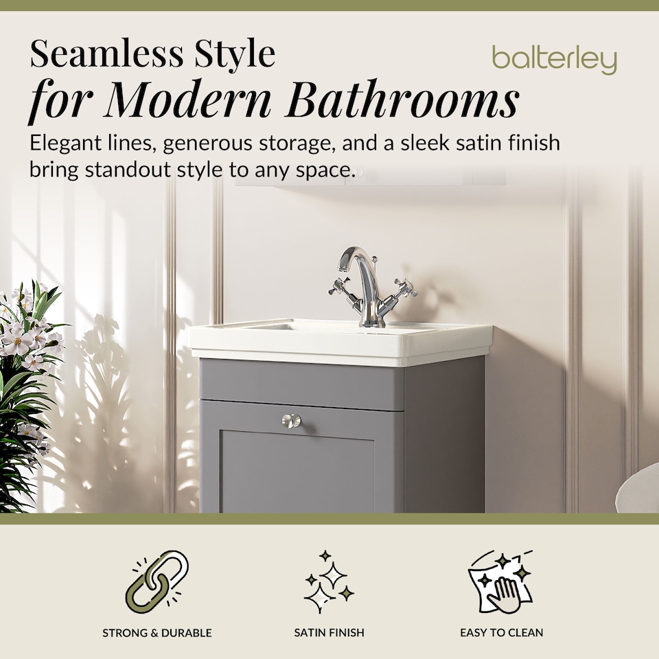 image 1 of Balterley Classic Traditional Bathroom Wall Hung 1-Drawer Vanity Unit & Fireclay Basin | Grey | Satin Grey
