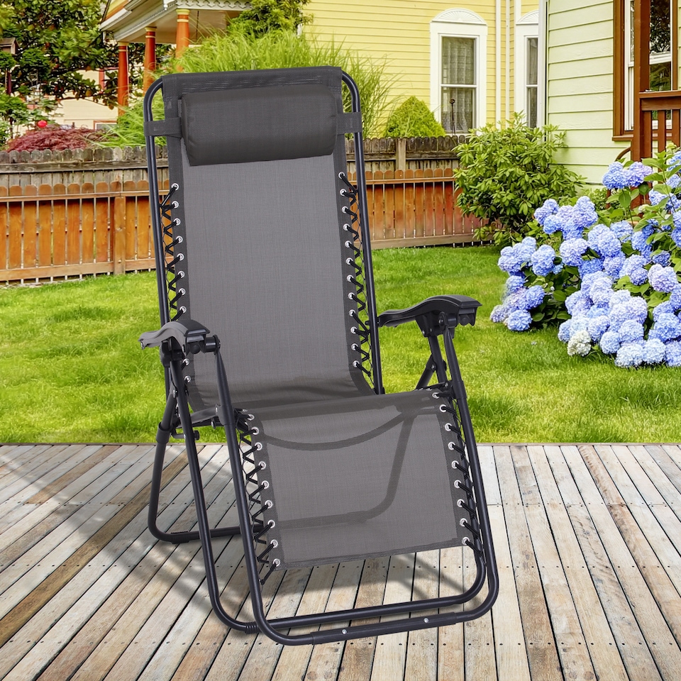 image 1 of Outsunny Zero Gravity Chair Metal Frame, Reclining Lounger w/ Pillow Grey