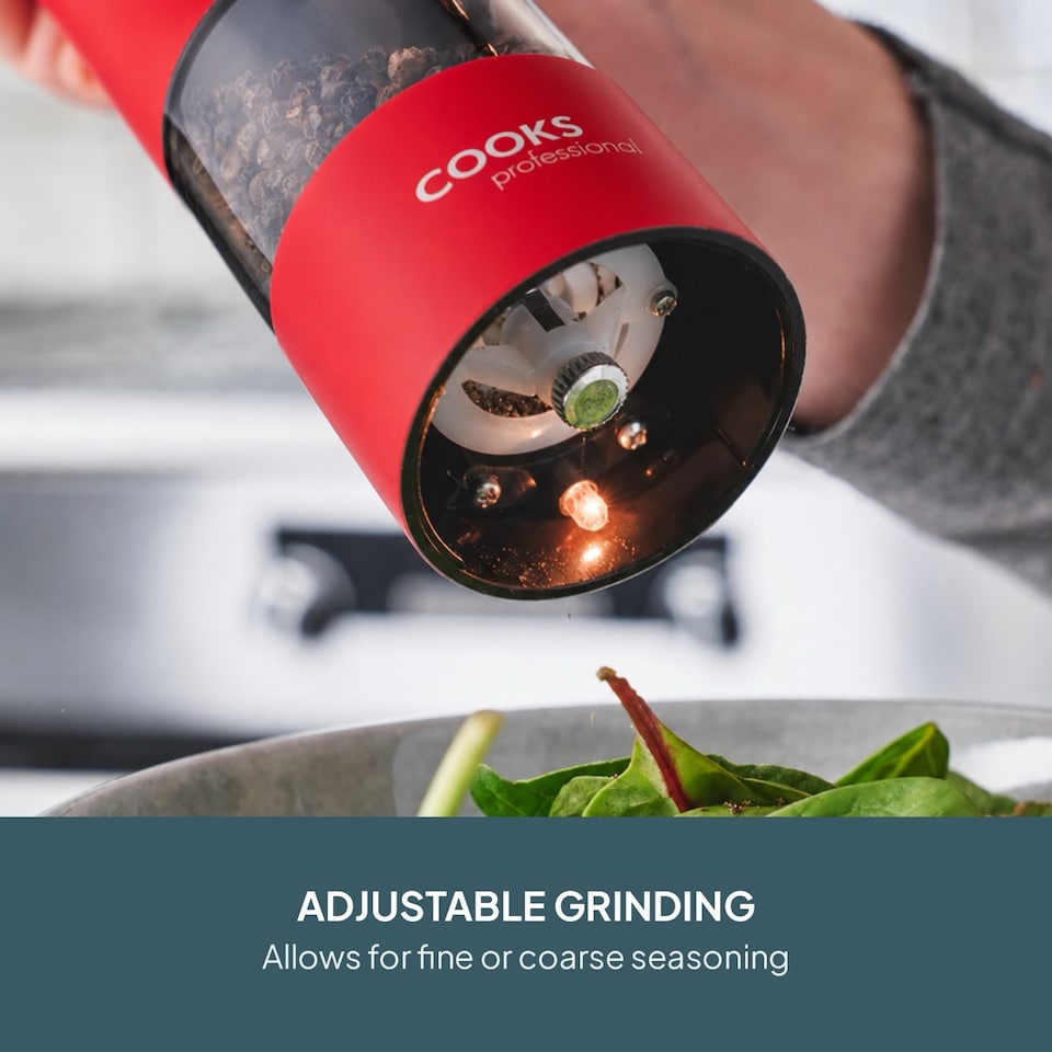 image 1 of Cooks Professional Electric Salt & Pepper Mill - Stainless Steel Automatic Grinder | Red | Red