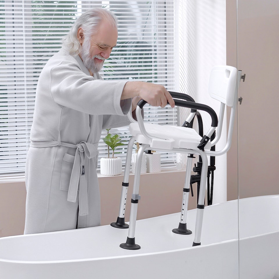 image 1 of HOMCOM Shower Chair for the Elderly and Disabled, Height Adjustable Shower Stool with Back and Flipped Padded Arms, Suction Foot Pads, White