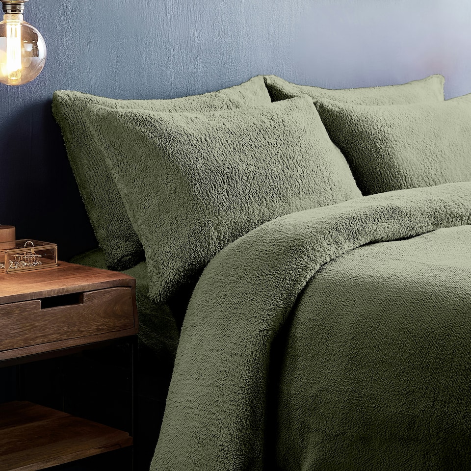 image 1 of Silentnight Teddy Fleece Duvet Cover and Pillowcase Set, Sage Green, King