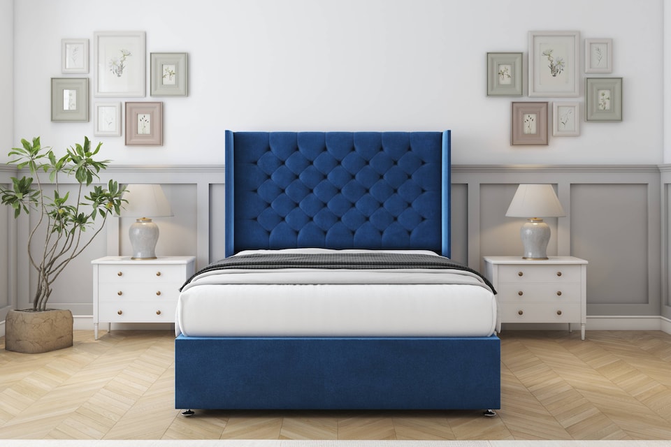 image 1 of Sloomy Dior Navy Plush Divan Bed Base No Drawers With 54 Inch Wingback Headboard | Blue | Navy | Small Single | 1