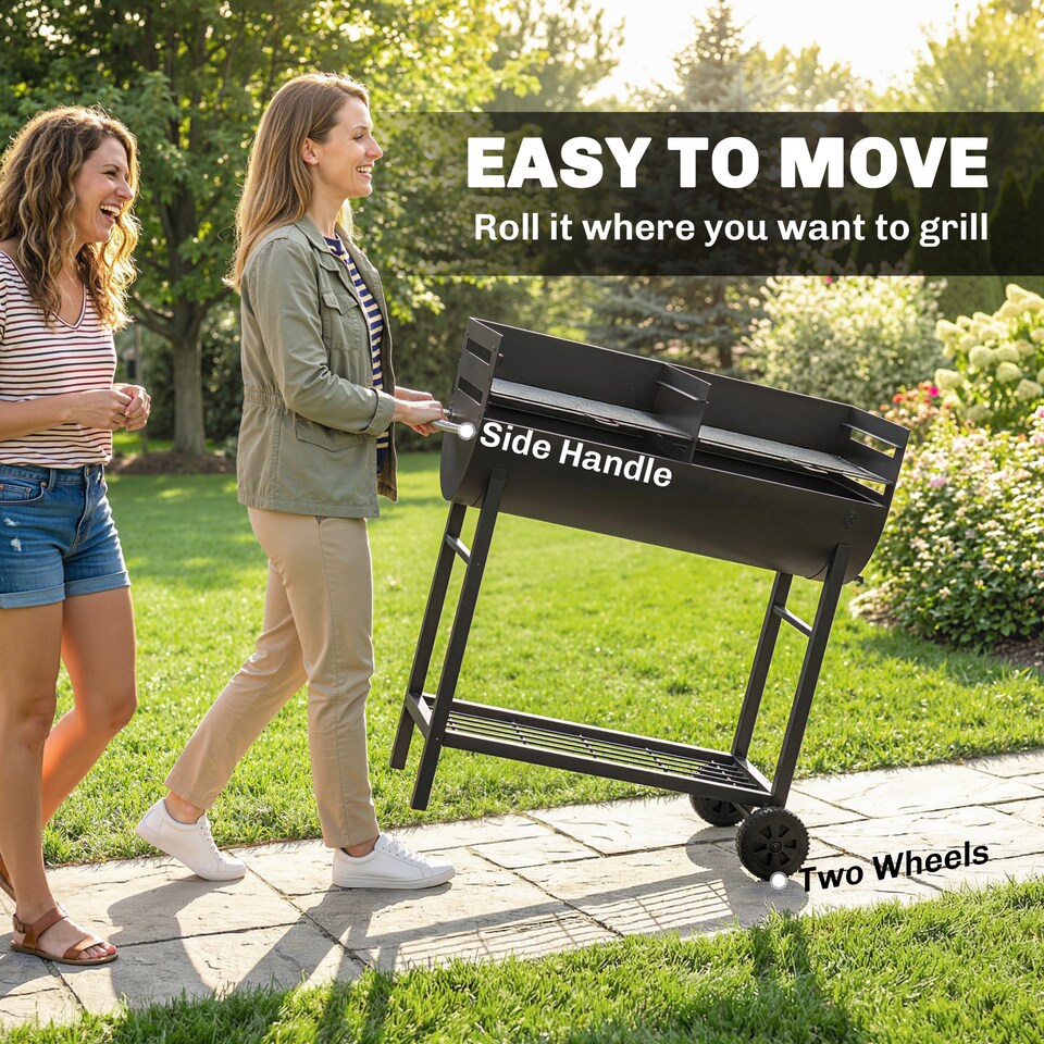 image 1 of Outsunny Charcoal Barbecue Grill with 2 Cooking Areas, Wheels | Black | Black | 103L x 46.5W x 100H cm