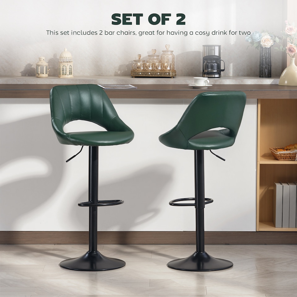 image 1 of HOMCOM Bar Stools Set of 2, Swivel Barstools with Adjustable Height, Backrest and Footrest,  Modern PU Leather Upholstered Breakfast Bar Chairs for Kitchen Island, Counter, Dining Room, Dark Green | Green | Green