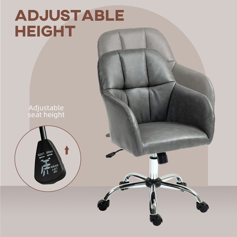 image 1 of HOMCOM Computer Desk Chair with PU Leather, Swivel Wheels, Grey