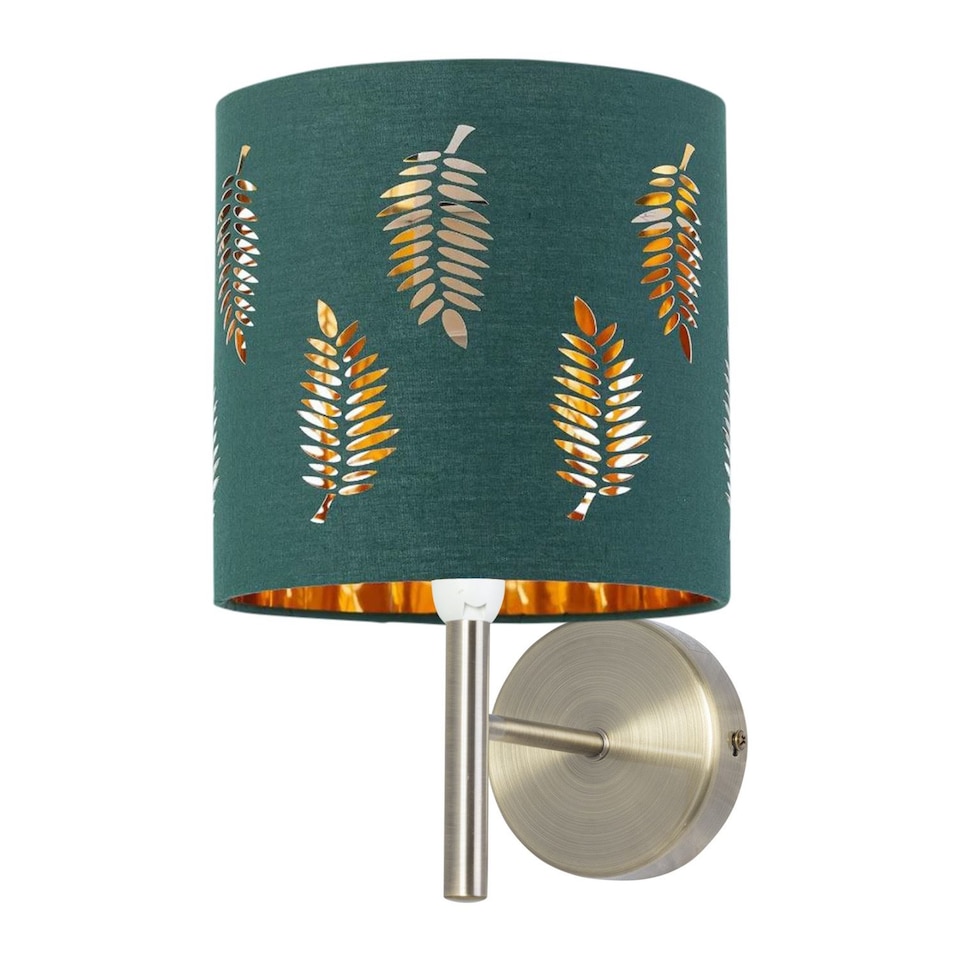 image 1 of Set of 2 Brea - Antique Brass Wall Lights with Dark Green Fern Shades | Yellow | Green | 2
