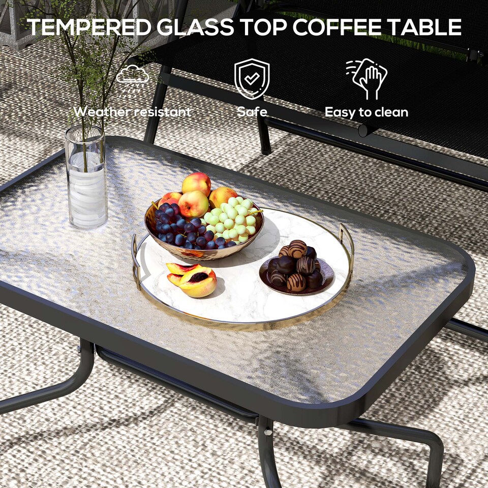 image 1 of Outsunny Outdoor 4 Pieces Patio Furniture Set with Breathable Mesh Fabric Seat & Backrest, Garden Set with Two Foldable Armchairs, a Loveseat & Glass Top Table, Black