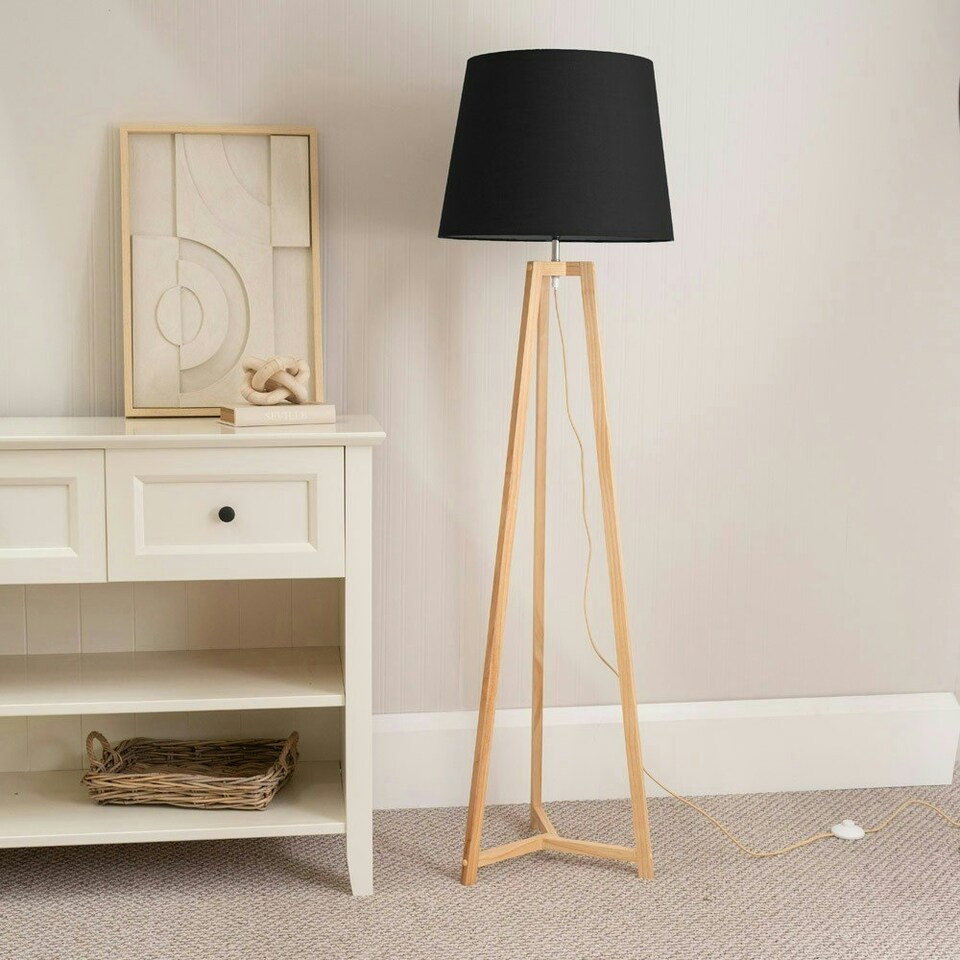 image 1 of ValueLights Lottie Natural Wood Tripod Floor Lamp with Black Fabric Tapered Shade and LED Bulb