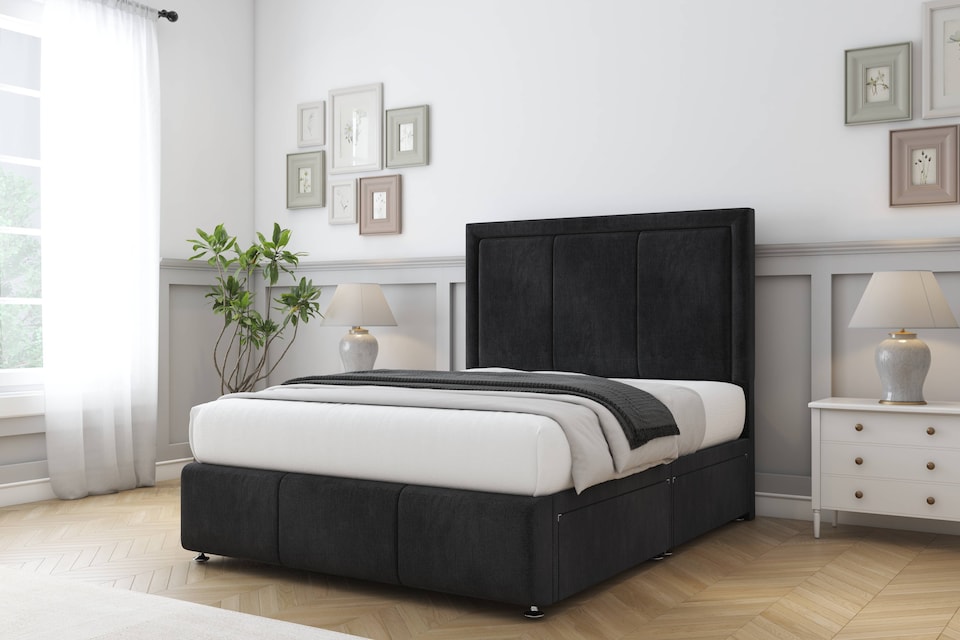 image 1 of Sloomy Lancaster Black Naples Divan Bed Base 4 Drawers With 54 Inch Floor Standing Headboard & 12 Inch Matching Footboard | Black | Black | Super King | 1