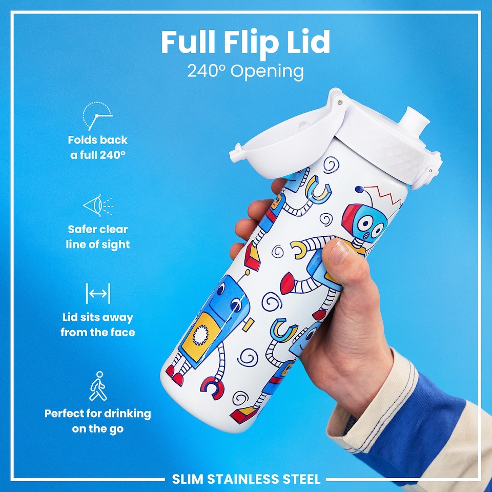 image 1 of Leak Proof Slim Water Bottle, Stainless Steel, 600ml (20oz) | White | Robots | One Size