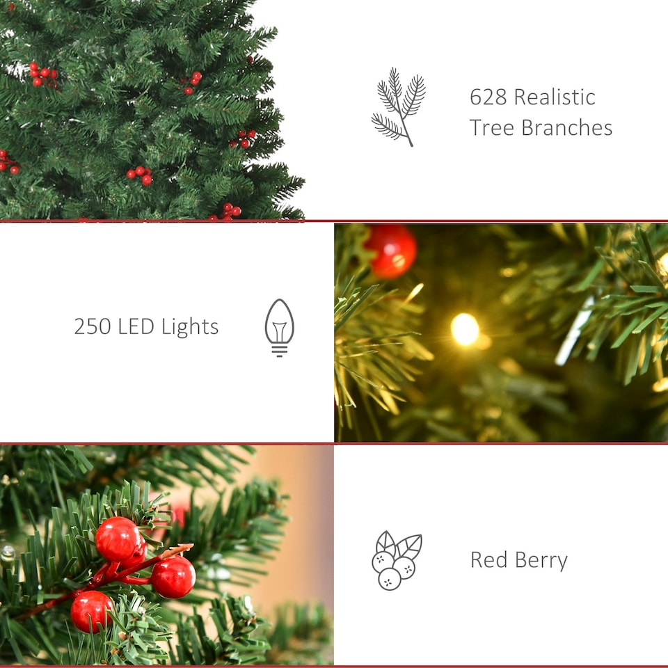 image 1 of HOMCOM 6FT Prelit Pencil Christmas Tree w/ LED Light, Berry, Xmas Decoration