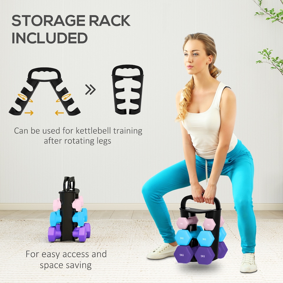 image 1 of SPORTNOW Dumbbells Set with Storage Rack, 2 x 1kg, 2 x 3kg, 2 x 5kg, Pink