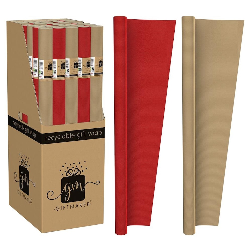 Pack of 2 3m Christmas Red OR Natural Ribbed Kraft Wrap Rolls