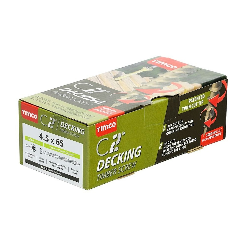 image 1 of Timco - C2 Deck-Fix Premium Decking Screws - TX - Countersunk - Exterior - Green (Size 4.5 x 65 - 250 Pieces)
