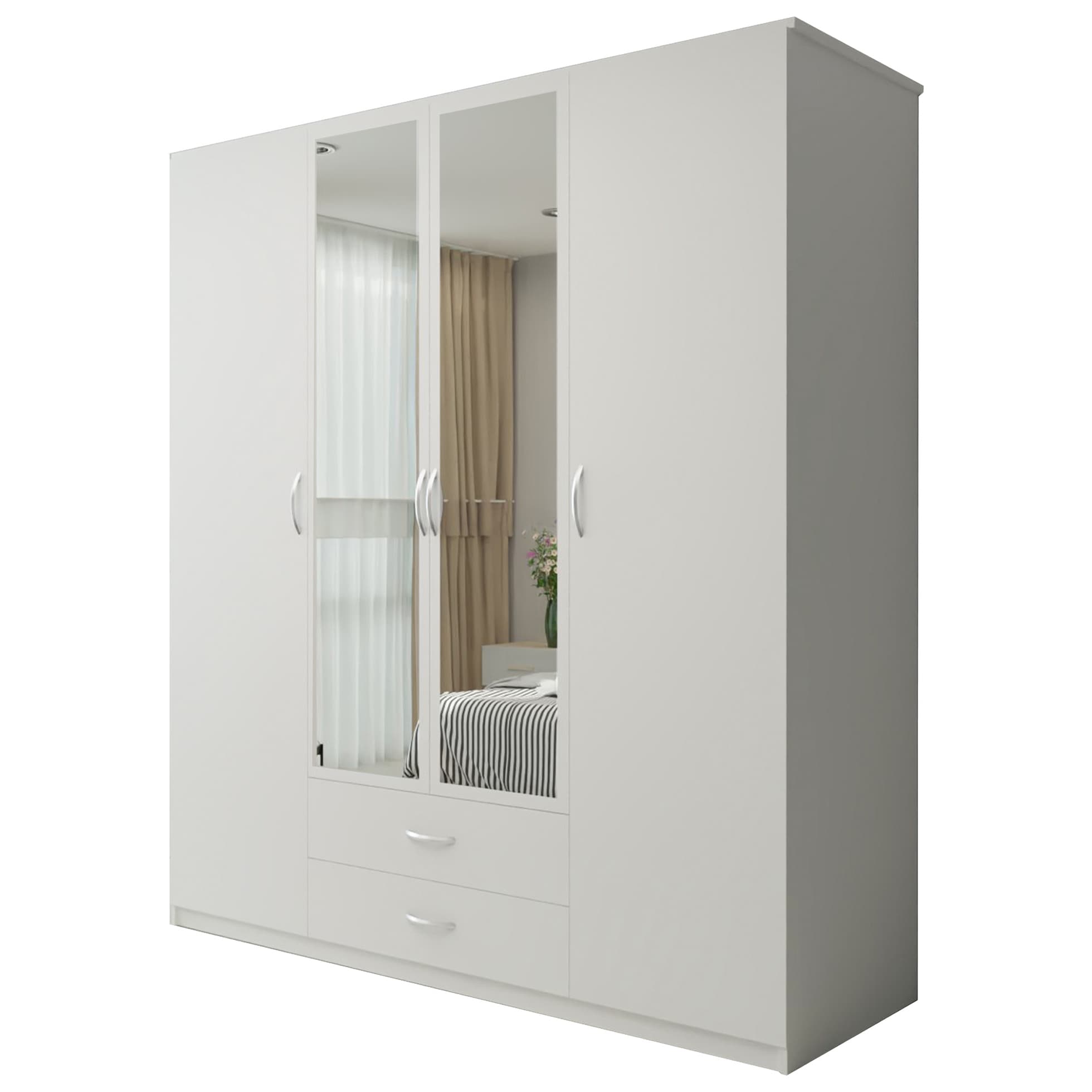 Modern 4-Door Hinged Wardrobe with Central Mirror & Drawers - White 171cm