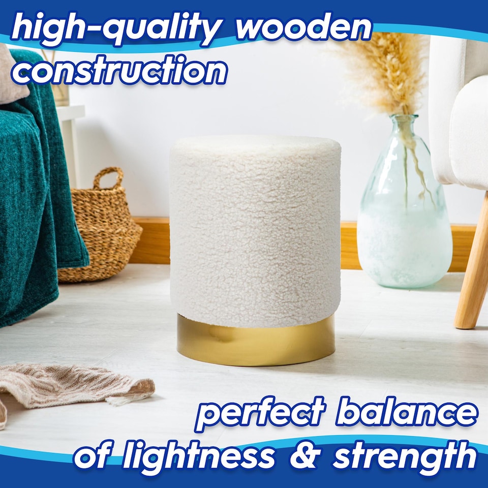 image 1 of Harbour Housewares 2x Round Boucle Pouffes - Cream Modern Dressing Table Footstool Pouffe Vanity Seat Vanity Foot Stool Chair Pouf
