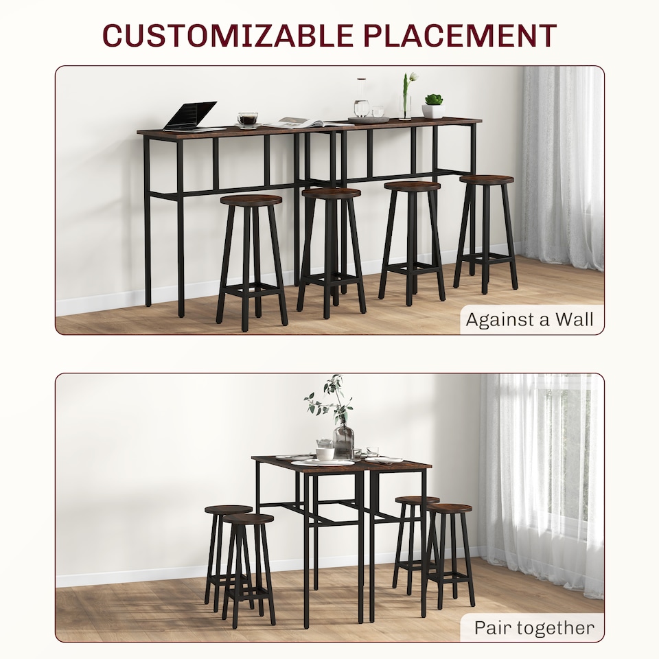 image 1 of HOMCOM 6-Piece Bar Table Set, Counter Height Kitchen Dining Set with 2 High Tables & 4 Stools, Space Saving Compact Bar Furniture for Small Kitchens and Flats, Multiple Arrangements, Rustic Brown