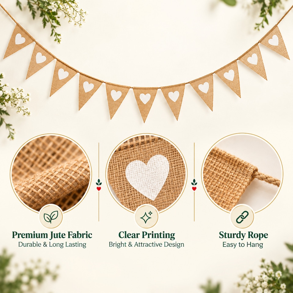 image 1 of Hessian White Hearts Party Bunting 3m with 14 Pennants