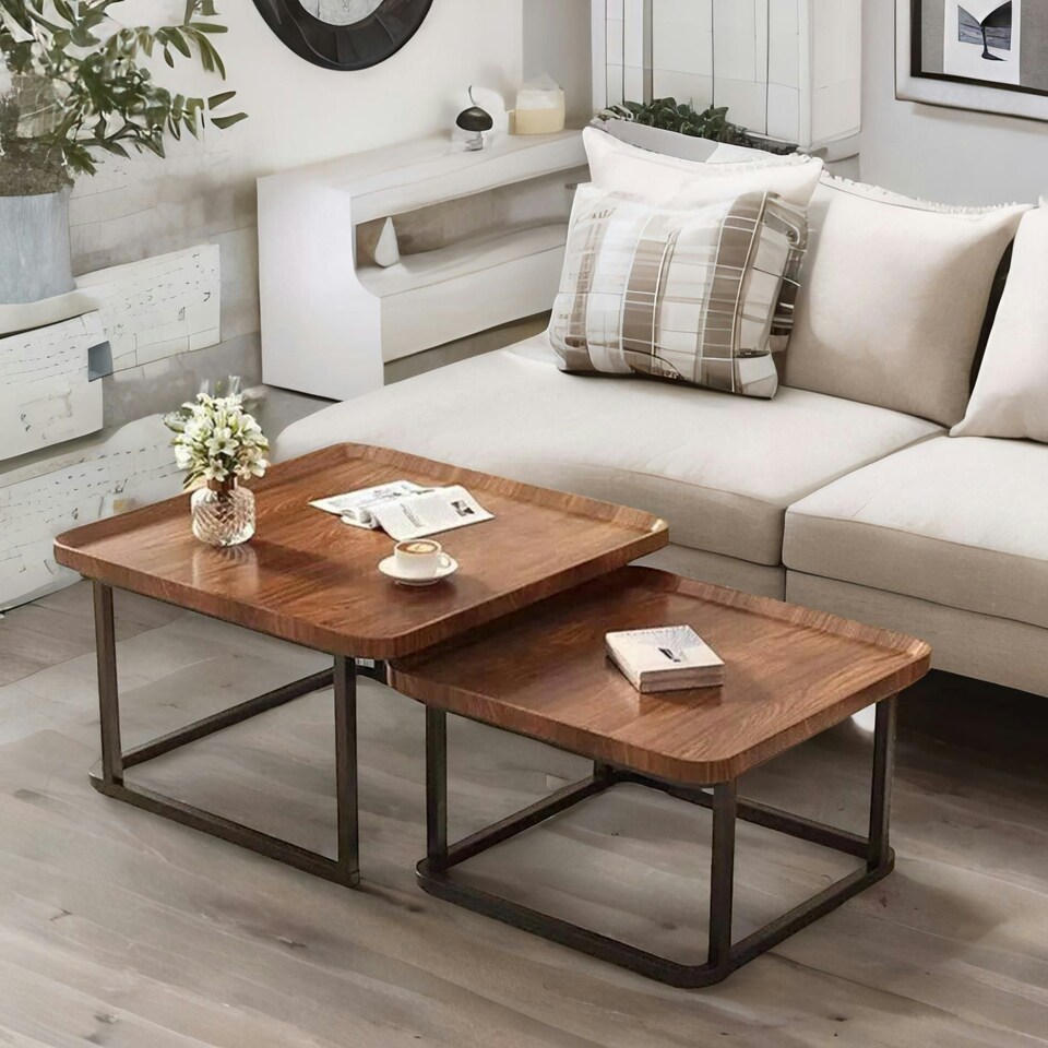 image 1 of 2PC Industrial Square Nesting Coffee Tables Rustic Brown Brown